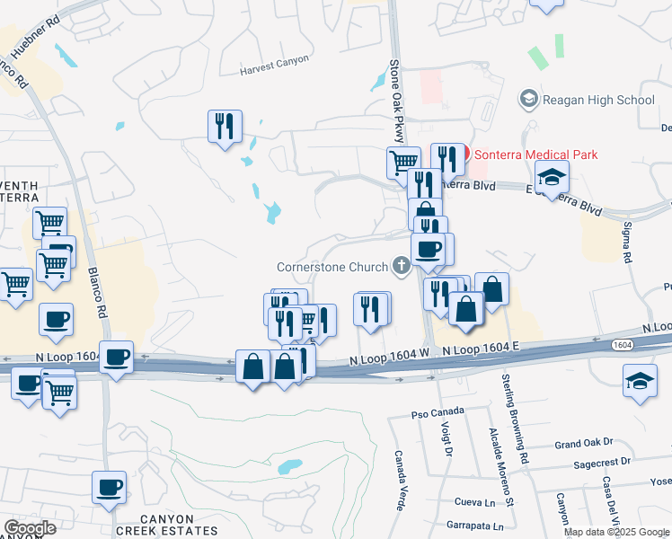 map of restaurants, bars, coffee shops, grocery stores, and more near 18514 Sonterra Place in San Antonio