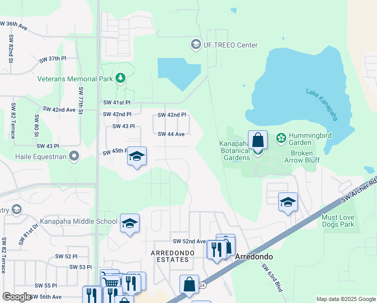 map of restaurants, bars, coffee shops, grocery stores, and more near 6702 Southwest 45th Avenue in Gainesville