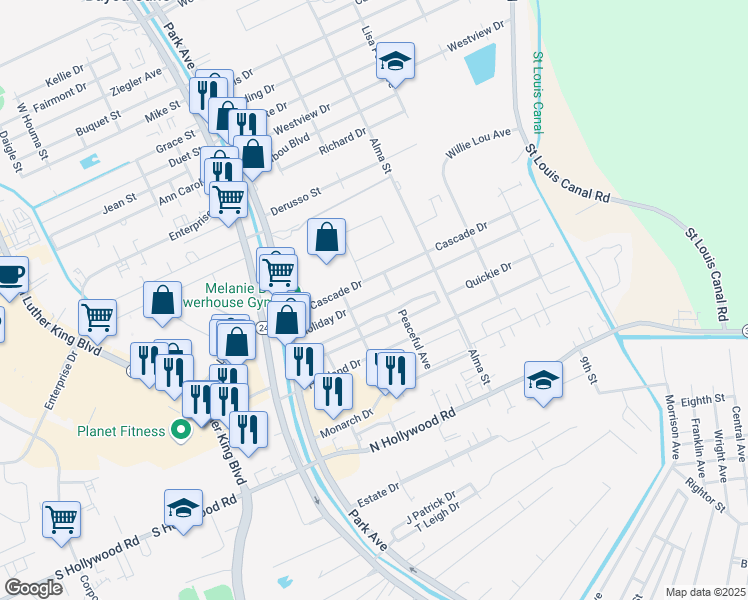 map of restaurants, bars, coffee shops, grocery stores, and more near 221 Holiday Drive in Houma