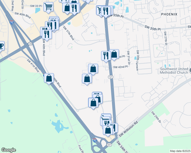 map of restaurants, bars, coffee shops, grocery stores, and more near 4435 Southwest 35th Terrace in Gainesville