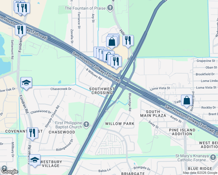 map of restaurants, bars, coffee shops, grocery stores, and more near 14414 Lone Willow Court in Missouri City