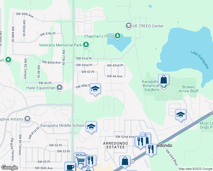 map of restaurants, bars, coffee shops, grocery stores, and more near 6941 Southwest 45th Avenue in Gainesville