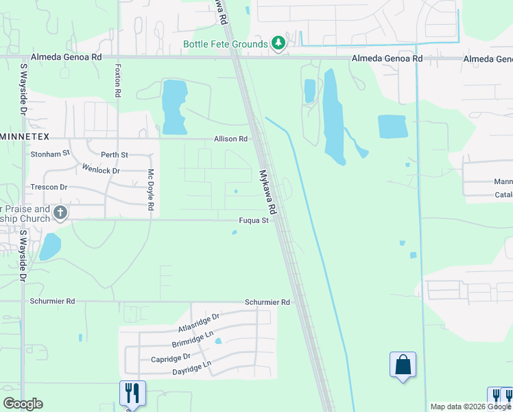 map of restaurants, bars, coffee shops, grocery stores, and more near 11302-11698 Mykawa Road in Houston