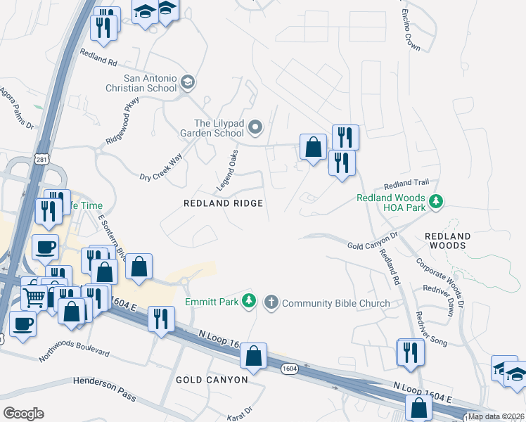 map of restaurants, bars, coffee shops, grocery stores, and more near 18618 Creekside Pass in San Antonio