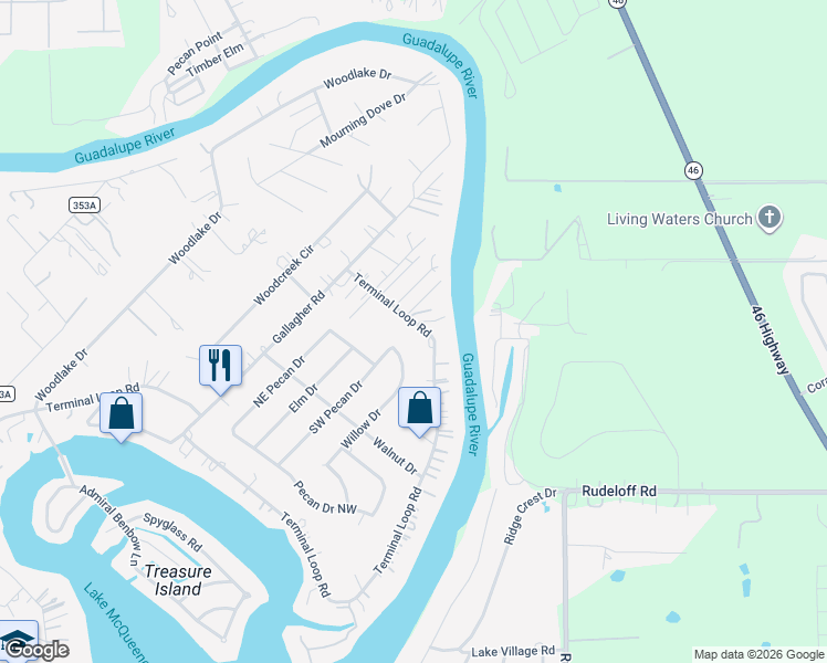 map of restaurants, bars, coffee shops, grocery stores, and more near 2526 Terminal Loop Road in McQueeney