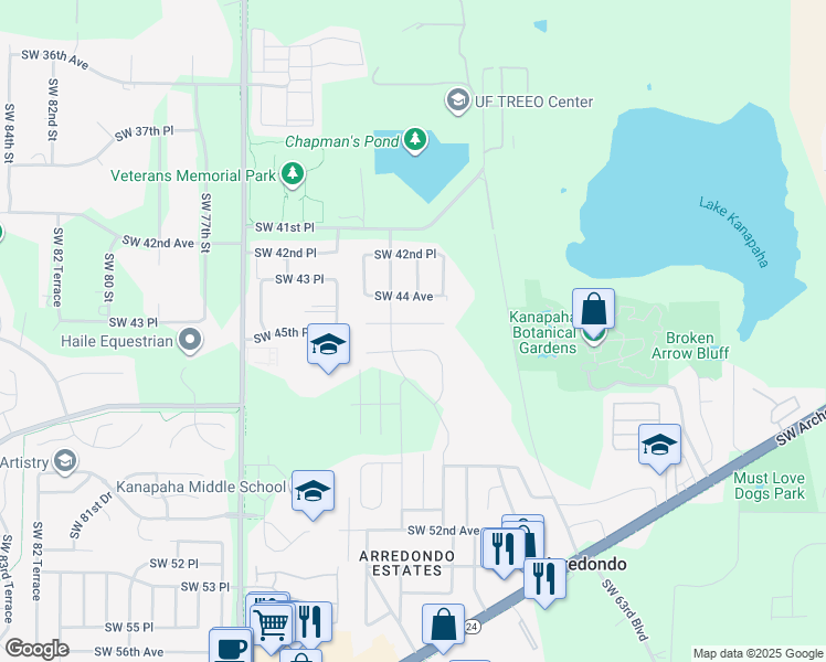 map of restaurants, bars, coffee shops, grocery stores, and more near 6807 Southwest 45th Avenue in Gainesville