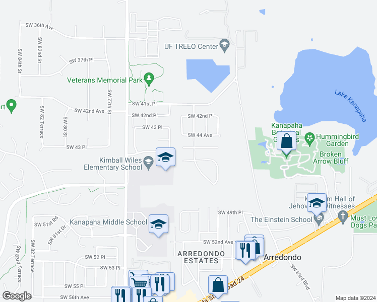 map of restaurants, bars, coffee shops, grocery stores, and more near 6927 Southwest 45th Avenue in Gainesville