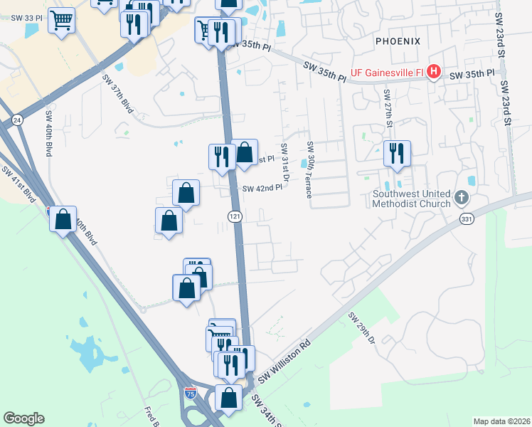 map of restaurants, bars, coffee shops, grocery stores, and more near 4411 Southwest 34th Street in Gainesville