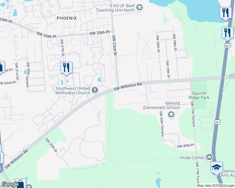 map of restaurants, bars, coffee shops, grocery stores, and more near 2253 Southwest 41 Lane in Gainesville