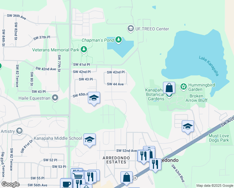 map of restaurants, bars, coffee shops, grocery stores, and more near 6811 Southwest 45th Avenue in Gainesville