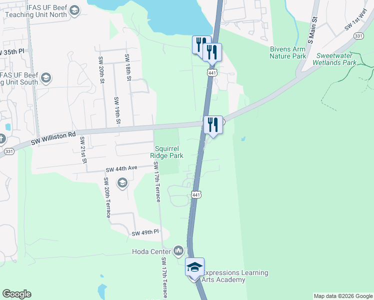 map of restaurants, bars, coffee shops, grocery stores, and more near 4300 Southwest 13th Street in Gainesville