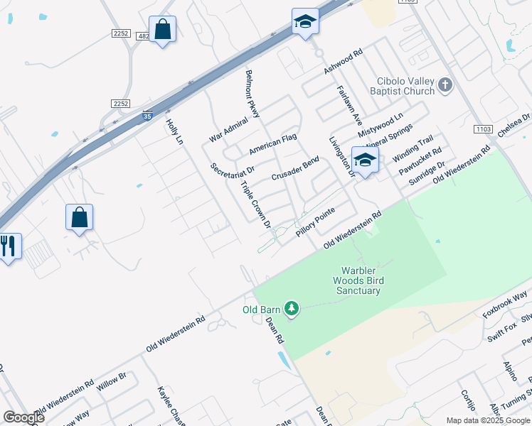map of restaurants, bars, coffee shops, grocery stores, and more near 2512 Sir Barton Bay Drive in Cibolo