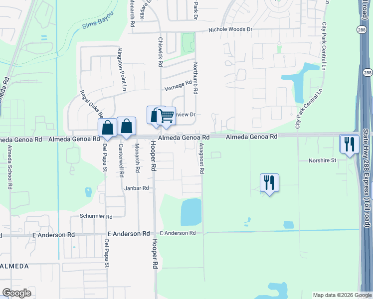 map of restaurants, bars, coffee shops, grocery stores, and more near 1320 Almeda-Genoa Road in Houston