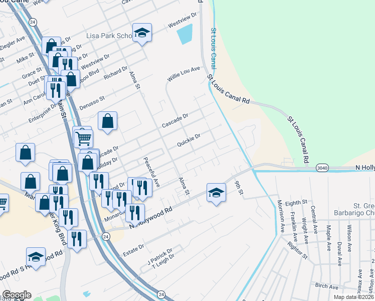 map of restaurants, bars, coffee shops, grocery stores, and more near 500-598 Quickie Dr in Houma