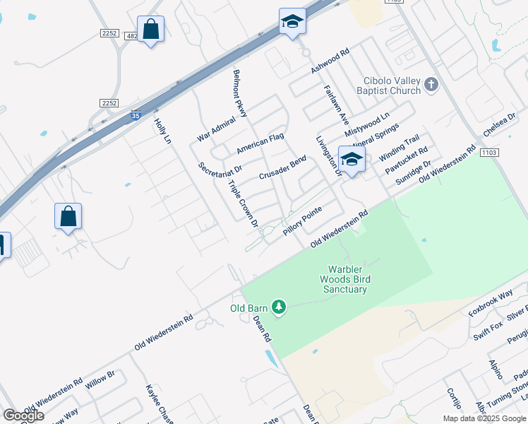 map of restaurants, bars, coffee shops, grocery stores, and more near 2540 Sir Barton Bay Drive in Schertz