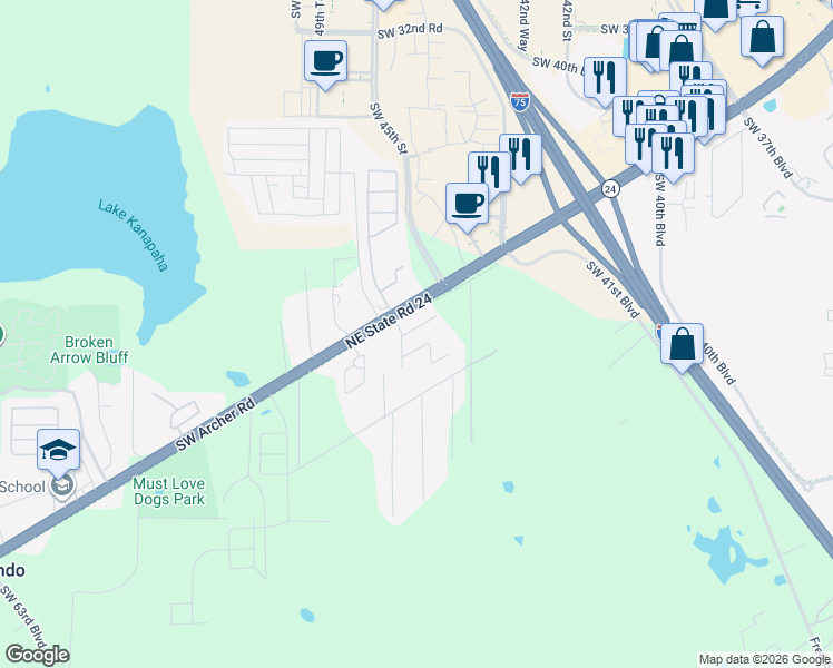 map of restaurants, bars, coffee shops, grocery stores, and more near 4543 Southwest 44 Lane in Gainesville