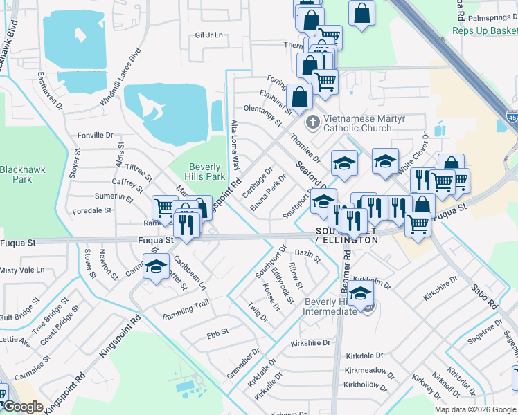 map of restaurants, bars, coffee shops, grocery stores, and more near 10210 Buena Park Drive in Houston