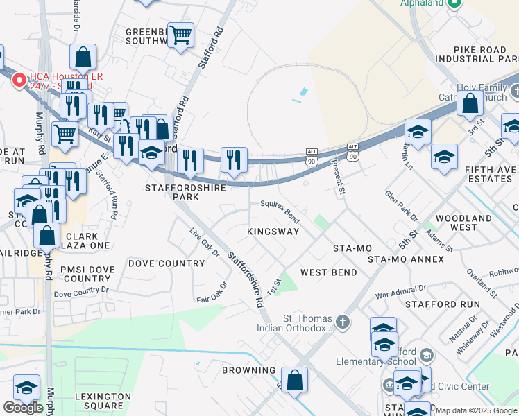 map of restaurants, bars, coffee shops, grocery stores, and more near 110 Squires Bend in Stafford