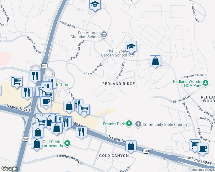 map of restaurants, bars, coffee shops, grocery stores, and more near 18551 Brigantine Creek in San Antonio