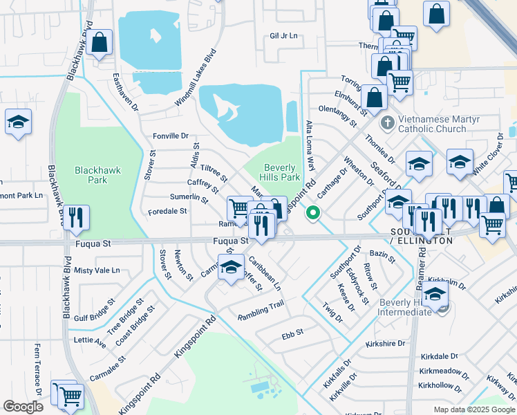 map of restaurants, bars, coffee shops, grocery stores, and more near 9949 Tiltree Street in Houston