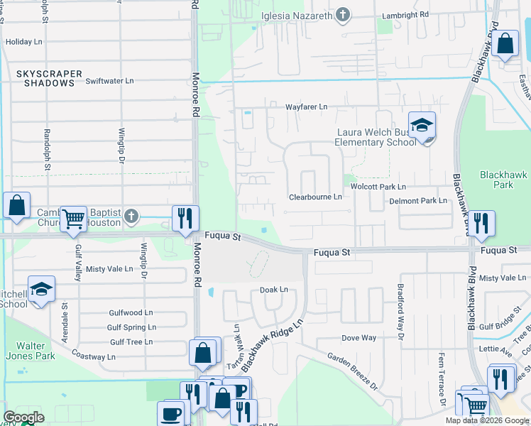 map of restaurants, bars, coffee shops, grocery stores, and more near 8646 Catalina Lane in Houston
