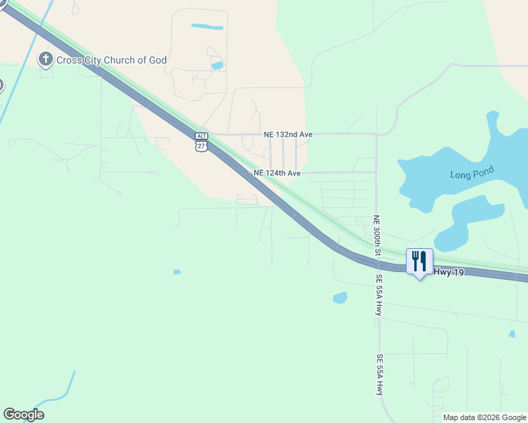 map of restaurants, bars, coffee shops, grocery stores, and more near 116 Southeast 411 Street in Cross City