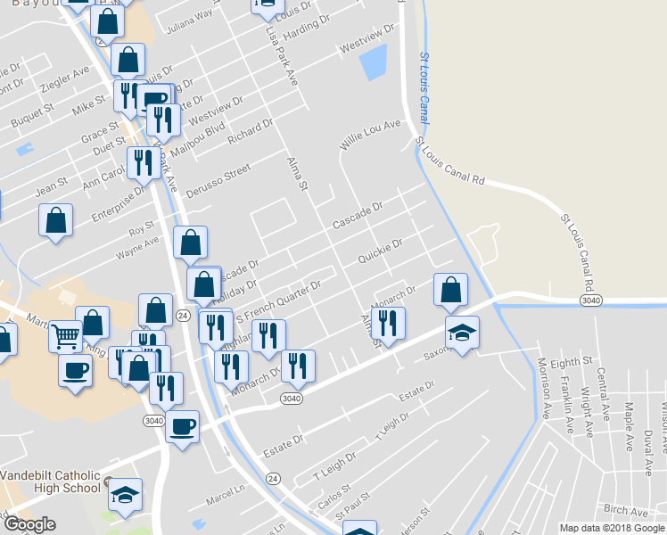 map of restaurants, bars, coffee shops, grocery stores, and more near 6861 Fay Drive in Houma