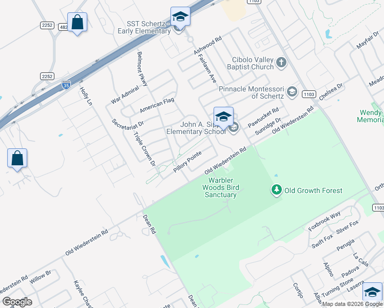 map of restaurants, bars, coffee shops, grocery stores, and more near 2629 Pillory Pointe in Schertz