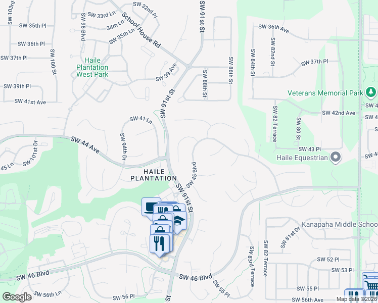 map of restaurants, bars, coffee shops, grocery stores, and more near 8820 Southwest 45 Boulevard in Gainesville