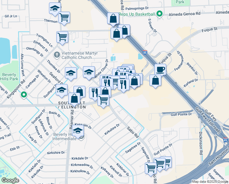 map of restaurants, bars, coffee shops, grocery stores, and more near 11005 Fuqua Street in Houston