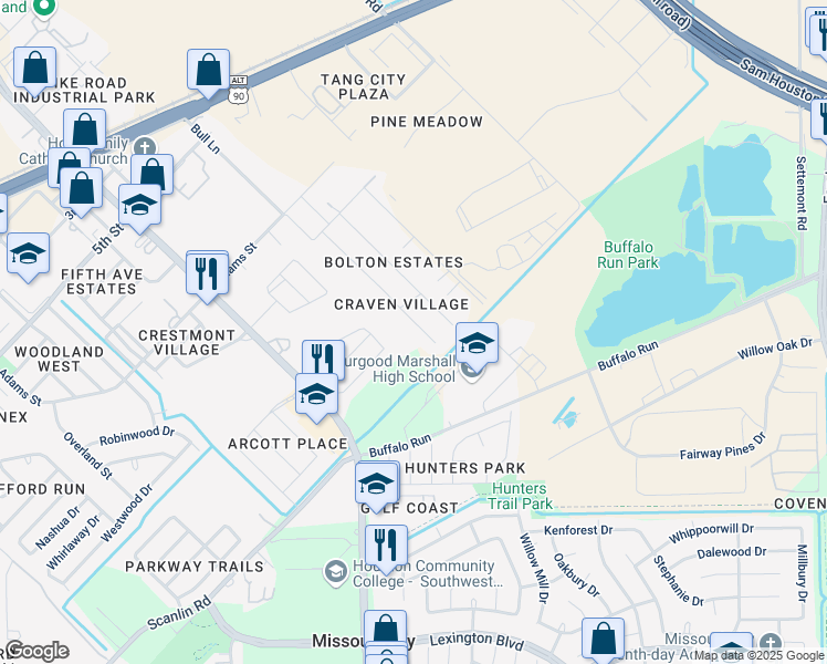 map of restaurants, bars, coffee shops, grocery stores, and more near 1123 Circle Bend Drive in Missouri City