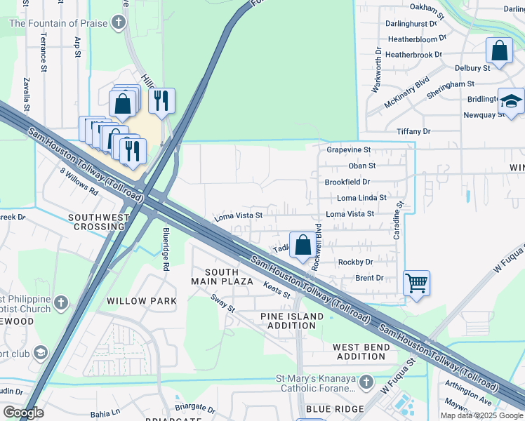 map of restaurants, bars, coffee shops, grocery stores, and more near 6726 Loma Vista Street in Houston