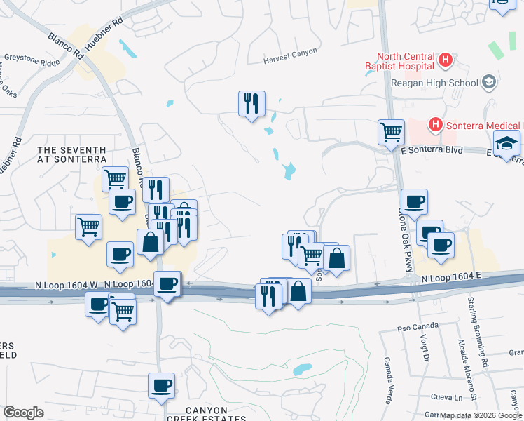 map of restaurants, bars, coffee shops, grocery stores, and more near 702 Lari Dawn in San Antonio