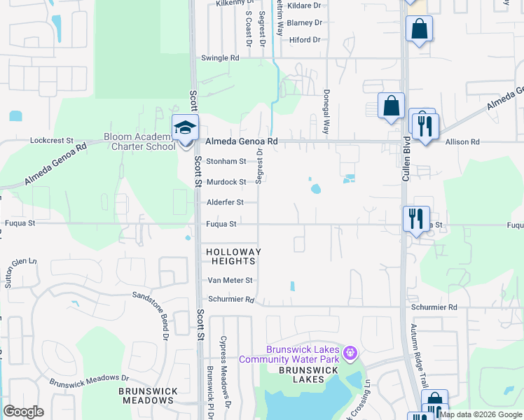 map of restaurants, bars, coffee shops, grocery stores, and more near 13533 Segrest Drive in Houston