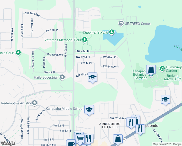 map of restaurants, bars, coffee shops, grocery stores, and more near 7120 Southwest 45th Place in Gainesville