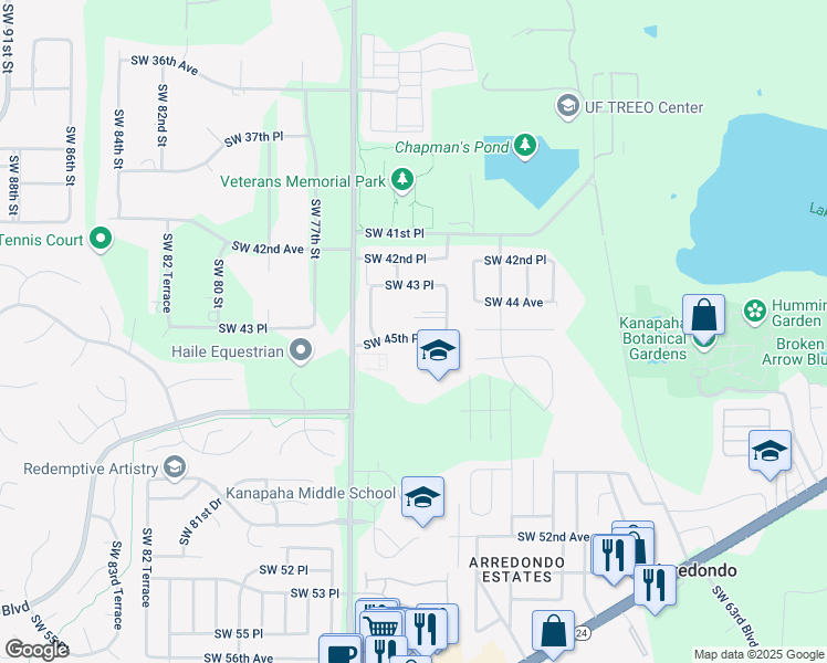 map of restaurants, bars, coffee shops, grocery stores, and more near 7232 Southwest 45th Place in Gainesville