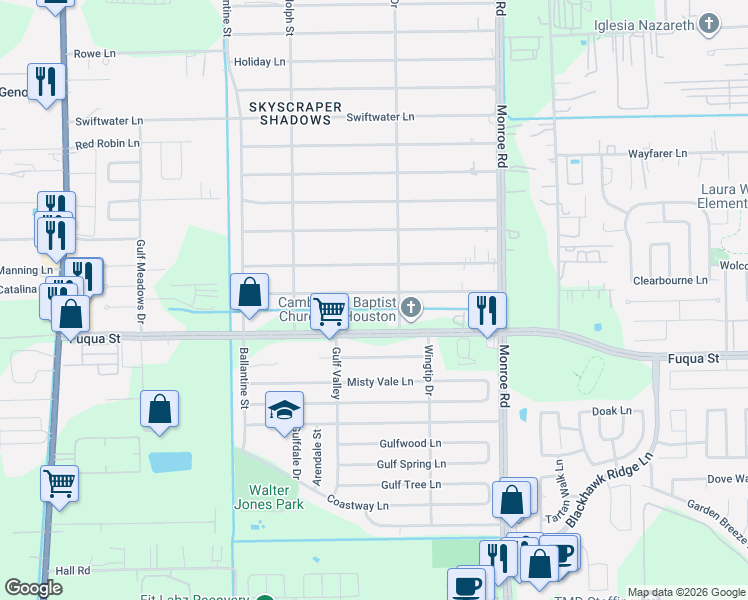 map of restaurants, bars, coffee shops, grocery stores, and more near 8210 Catalina Lane in Houston