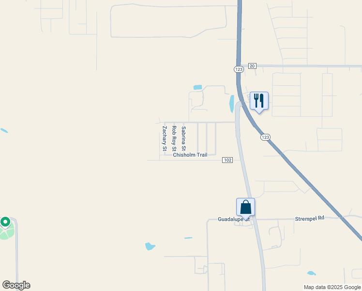 map of restaurants, bars, coffee shops, grocery stores, and more near 3414 Sabrina Street in Seguin