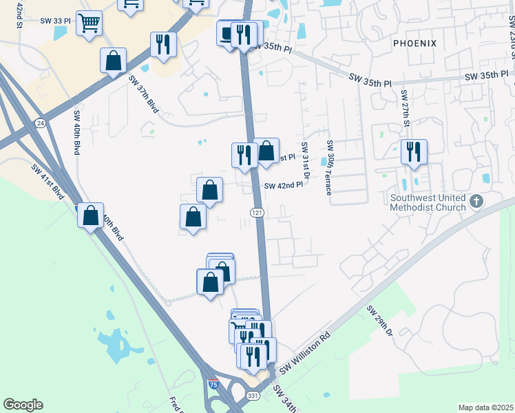 map of restaurants, bars, coffee shops, grocery stores, and more near Newtons Ziegler Hall in Gainesville