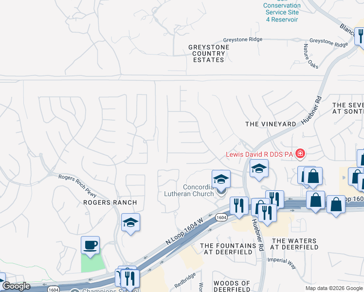 map of restaurants, bars, coffee shops, grocery stores, and more near 58 Vienna in San Antonio