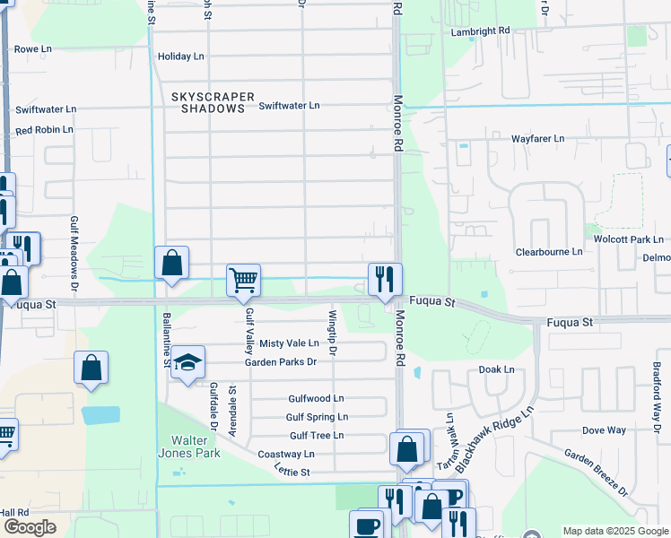 map of restaurants, bars, coffee shops, grocery stores, and more near 8314 Catalina Lane in Houston