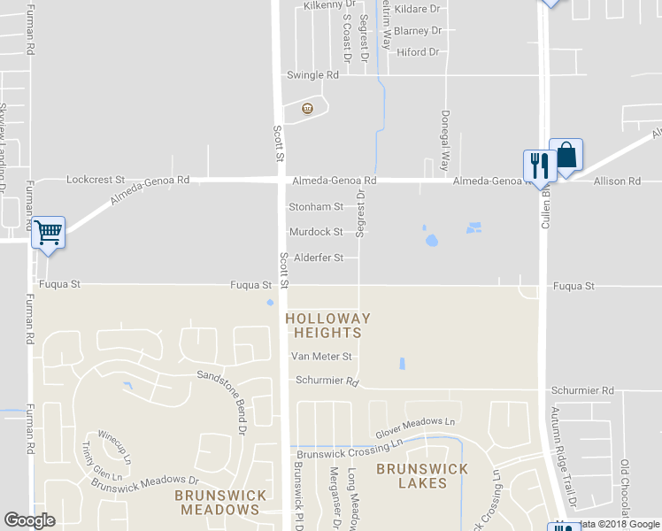 map of restaurants, bars, coffee shops, grocery stores, and more near 3610 Alderfer Street in Houston