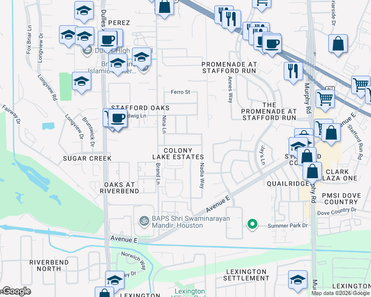 map of restaurants, bars, coffee shops, grocery stores, and more near 931 Allisa Street in Stafford