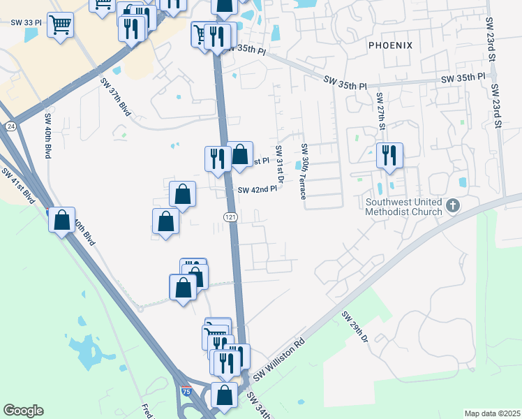 map of restaurants, bars, coffee shops, grocery stores, and more near 4411 Southwest 34th Street in Gainesville