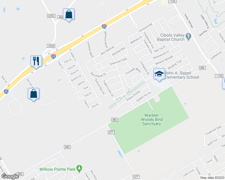 map of restaurants, bars, coffee shops, grocery stores, and more near 2529 Sir Barton Bay Drive in Schertz