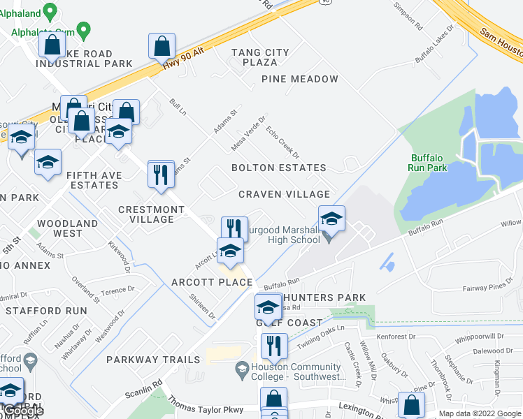 map of restaurants, bars, coffee shops, grocery stores, and more near 1127 Arum Road in Missouri City