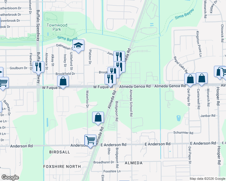 map of restaurants, bars, coffee shops, grocery stores, and more near 13404 Almeda Road in Houston