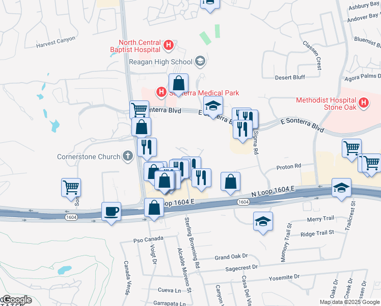 map of restaurants, bars, coffee shops, grocery stores, and more near 25618 Tuscany Stone in San Antonio