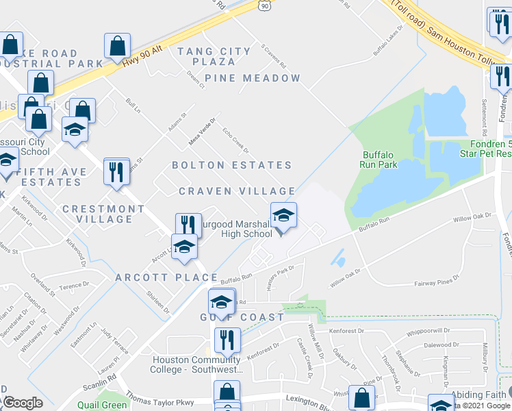 map of restaurants, bars, coffee shops, grocery stores, and more near 1123 Circle Bend Drive in Missouri City