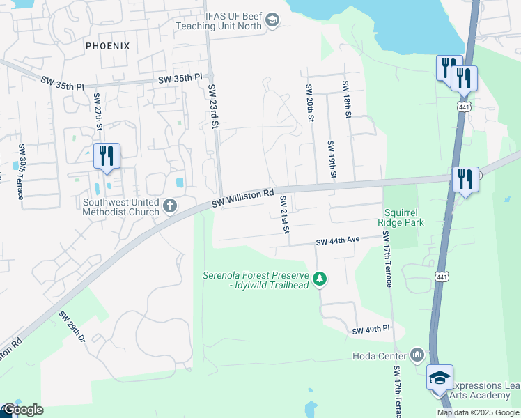 map of restaurants, bars, coffee shops, grocery stores, and more near 2131 Southwest 41 Lane in Gainesville